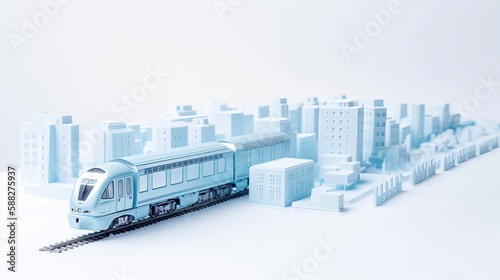 Miniature train and cityscape in monochromatic blue, representing urban planning.
