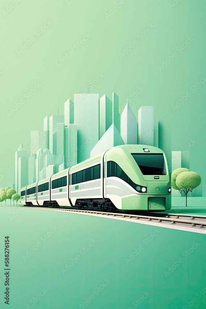 Modern green sustainable track with train - obrazy, fototapety, plakaty 