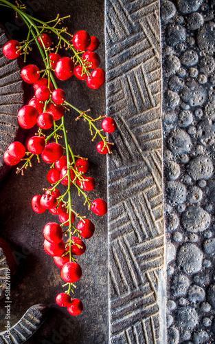 Black, rough forged iron surface with space for text or logo, and a bunch of bright red peppercorn fruits.