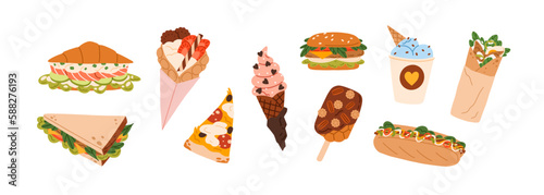 Street fast food set. Sweet desserts, snacks, takeaway eating. Burger, pizza, sandwich, bubble waffle, icecream cone, croissant with fillings. Flat vector illustrations isolated on white background