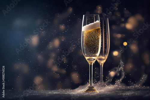 New year 2024 glass of sparkling champagne background. Generative ai.
