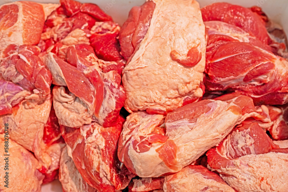 close-up background of pieces of meat with veins, horizontal, flatlay
