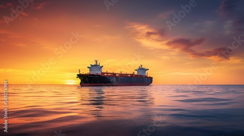 Low angle view on huge fuel tanker ship in the sea on sunset. Generative AI