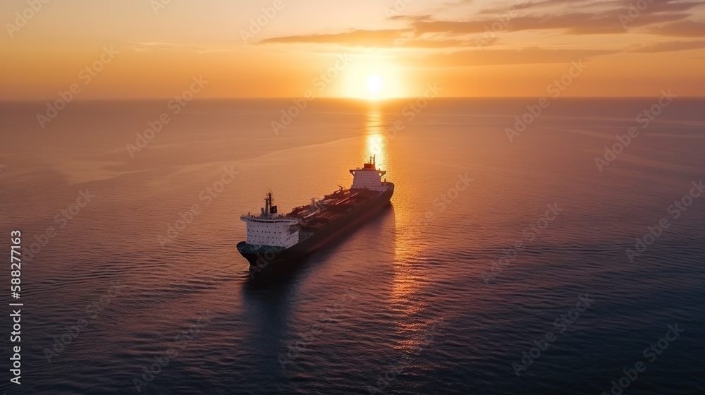 Aerial image of huge fuel tanker ship in the sea on sunset. Generative AI