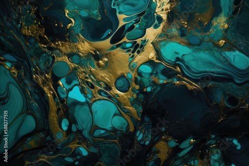 abstract emerald liquid background with beautiful color palette and gold veins, high detailed rendering background with fluid texture, top view - Generative AI