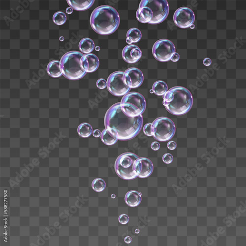 Vector realistic soap bubbles with rainbow reflection isolated on png background. Transparent colorful soap bubbles. Vector design element