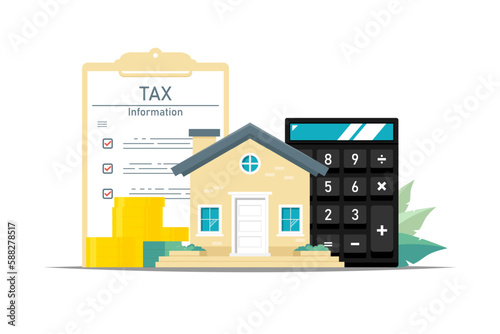 Income for future housing tax, Paper document with housing, calculator, money on isolated background, Digital marketing illustration.