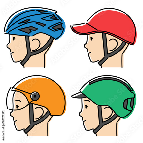 様々な自転車用ヘルメットをかぶった人の横顔のシンプルイラストセット