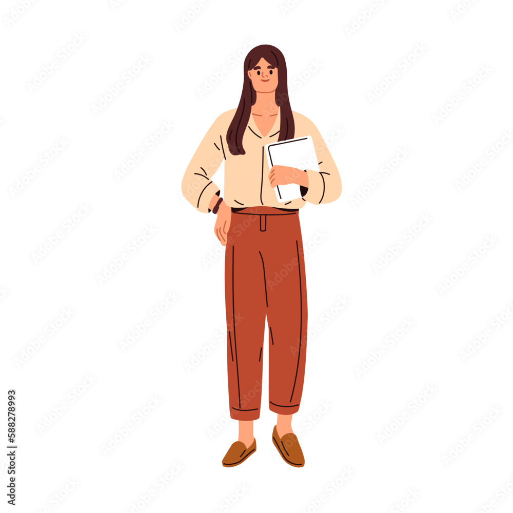Young businesswoman, entrepreneur with laptop in hand. Modern woman, business expert, adviser portrait. Female employee, office worker standing. Flat vector illustration isolated on white background Young businesswoman, entrepreneur with laptop in hand. Modern woman, business expert, adviser portrait. Female employee, office worker standing. Flat vector illustration isolated on white background