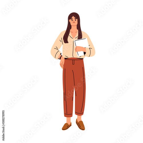 Young businesswoman, entrepreneur with laptop in hand. Modern woman, business expert, adviser portrait. Female employee, office worker standing. Flat vector illustration isolated on white background
