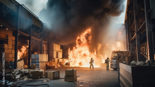 Fire in a large warehouse photo