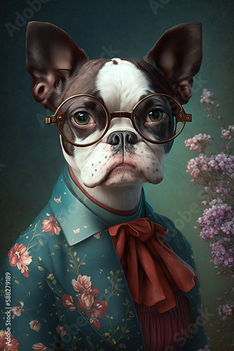 portait of  a dog as a fashion stylist on colored background, concept of Fashionable Pet and Colorful Design, created with Generative AI technology © mariof