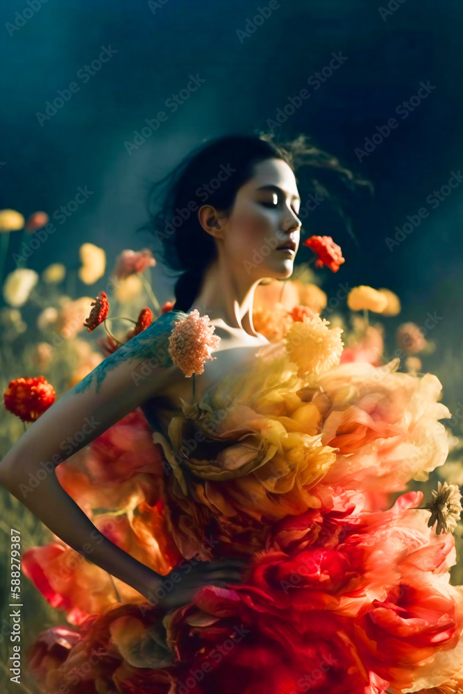Naklejka premium Creative portrait of a young woman in nature in a fantasy floral dress. Created with Generative AI technology.