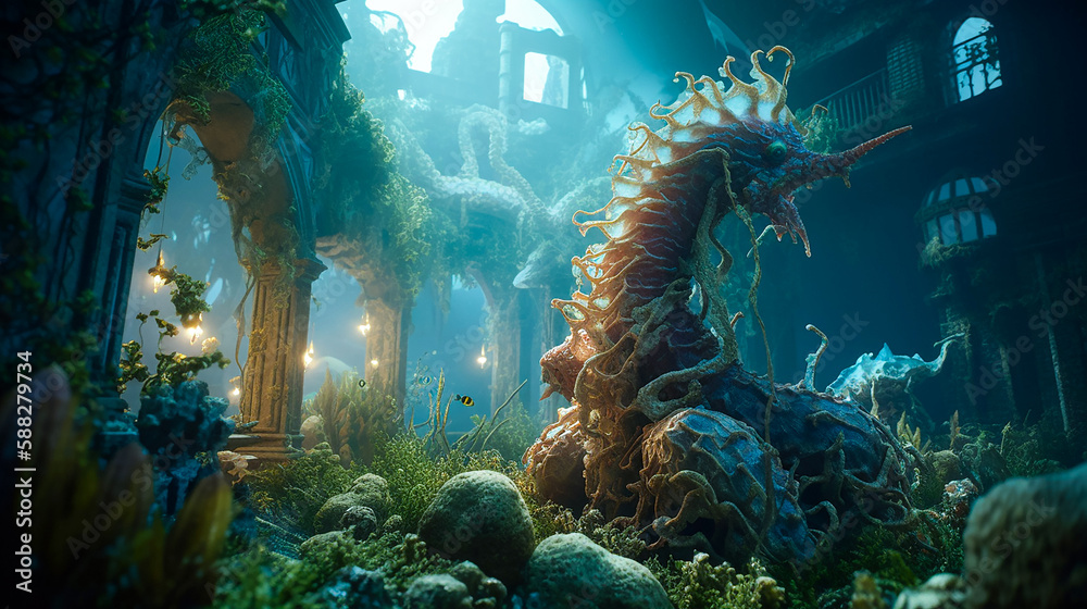 Fantasy Underwater Kingdom - Aquatic Empire of The Goliath Seahorse., Filled with Sea Creatures. Generative AI.
