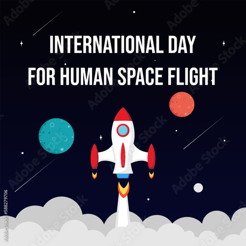 International day human space flight. 12 April Cosmonautics Day banner with rocket vectors, graphics