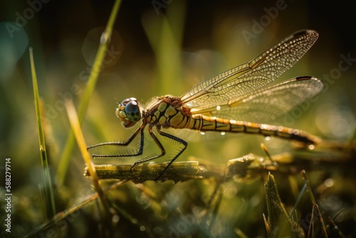 Dragonfly on grass close-up