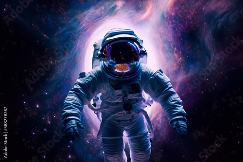 Astronaut or cosmonaut floating in space with incredibile nebula or starry galaxy. Space man astronomy and exploration. Ai generated photo