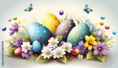 Easter banner colorful eggs and spring flowers