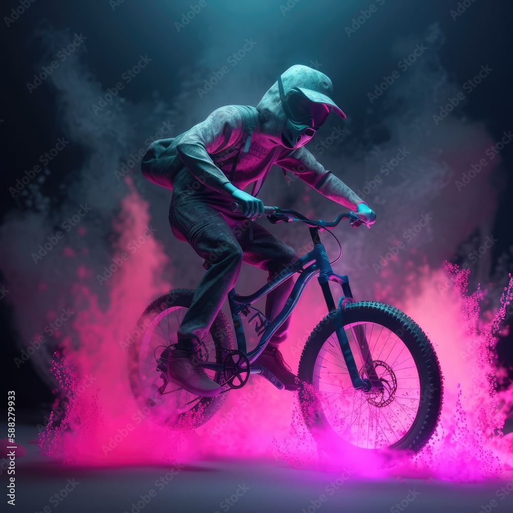 Naklejka premium Cyclist in smoke with neon