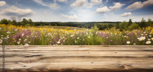 Wood table mockup with flowering spring meadow on background. Empty copy space for product presentation. Generative AI