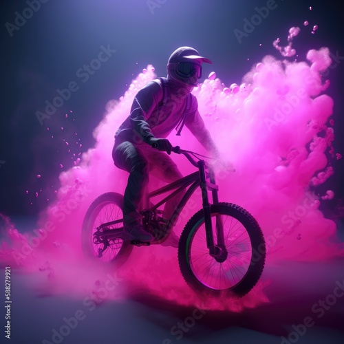 Cyclist in smoke with neon