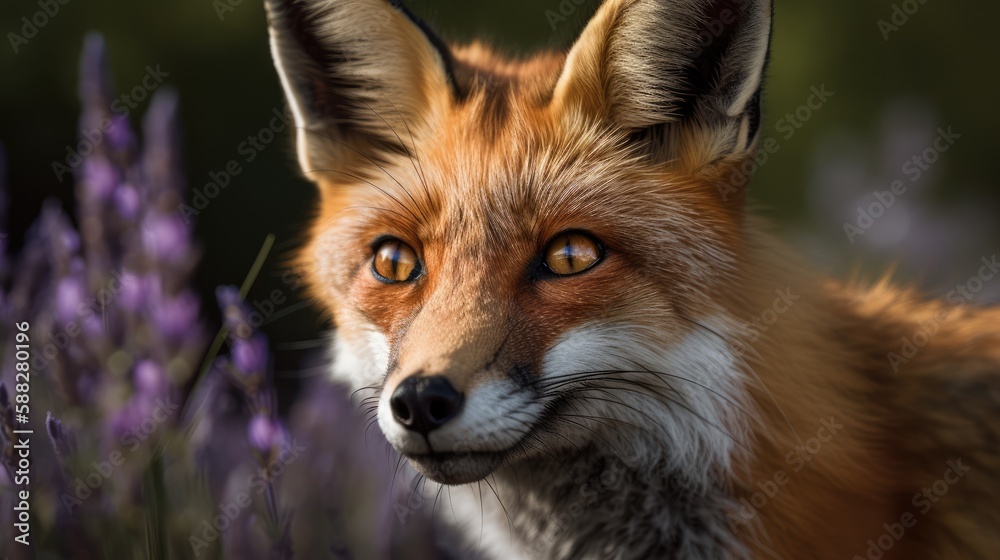 Fototapeta premium Portrait of a fox with lavender