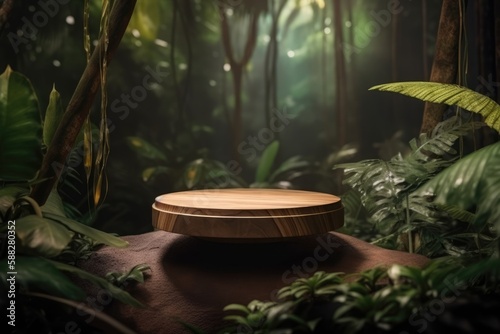 Round wooden podium in tropical forest for product