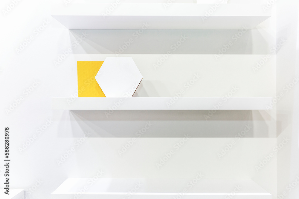 Stylish white shelves on a white wall. Modern trends in decor and interior design. Front view. Space for text. Stylish white shelves on a white wall. Modern trends in decor and interior design. Front view. Space for text.