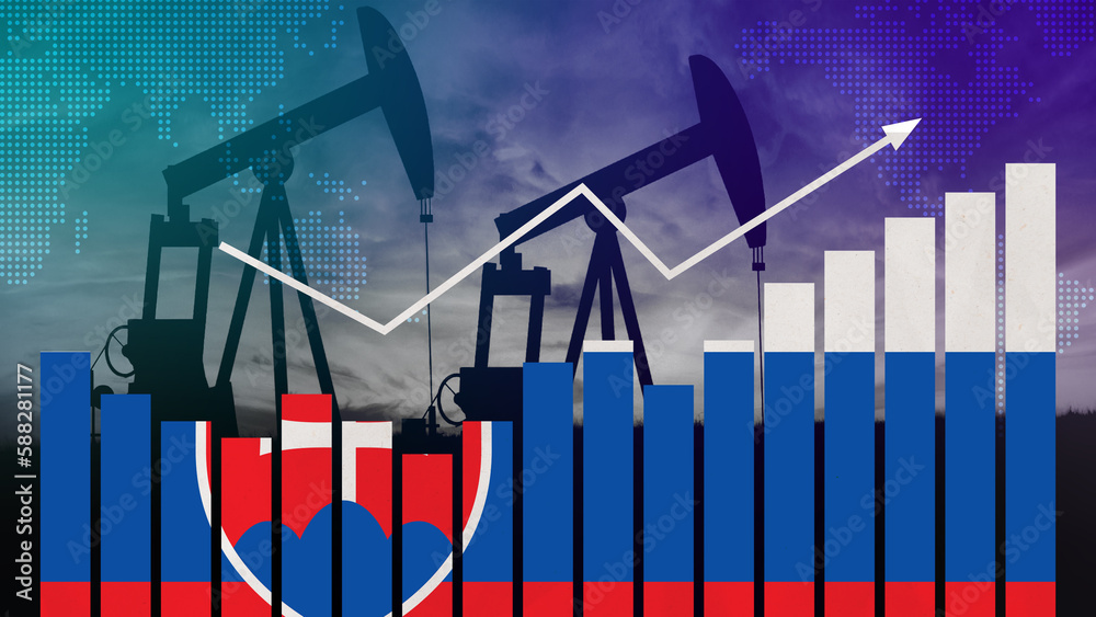 Fototapeta premium Slovakia oil industry concept. Economic crisis, increased prices, fuel default. Oil wells, stock market, exchange economy and trade, oil production