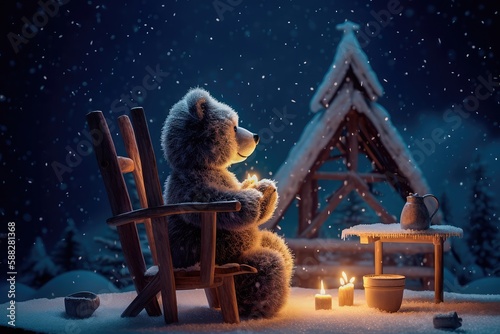 A tiny bear sitting on a wooden chair by the fire with a cup of hot chocolate, starry night, magic snow background. Generative AI