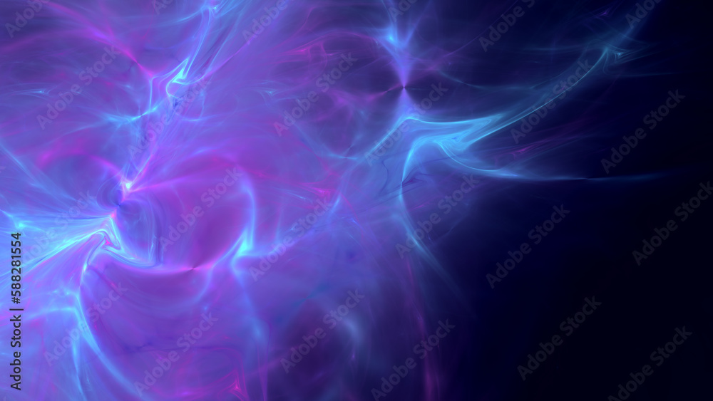 Abstract fractal art background in neon colors with copy space, resembling smoke, gas, plasma, aurora, nebula, magic.
