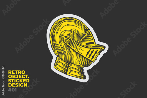 Sticker with a knight's helmet in engraving style on a dark isolated background. Armor of the medieval warrior. Vintage vector illustration.