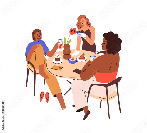 Young girls friends at table for desserts. Modern women sitting, talking, drinking, taking photo of food on phone. Weekend girlfriends gathering. Flat vector illustration isolated on white background