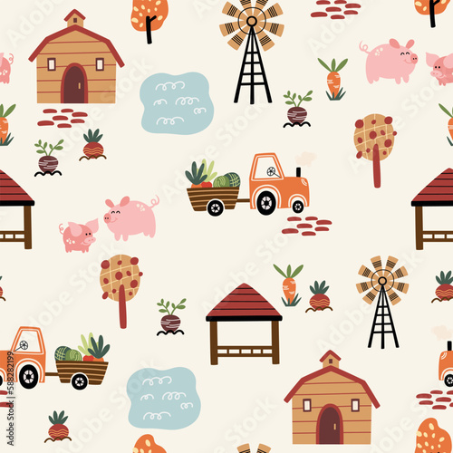Cartoon Village map seamless pattern. Background of a farm with houses, animals, road, lakes, trees and tractor. Perfect for textile, fabric, paper, games, play mat. Vector illustration 