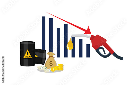 Gasoline red fuel pump nozzle oil price decline concept isolated with decreasing growth bar chart background, flat style vector design