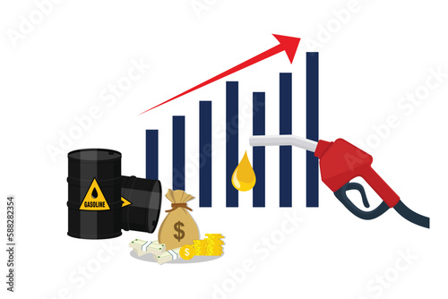 Gasoline red fuel pump nozzle rising oil price concept isolated against uphill growth bar chart background, flat style vector design