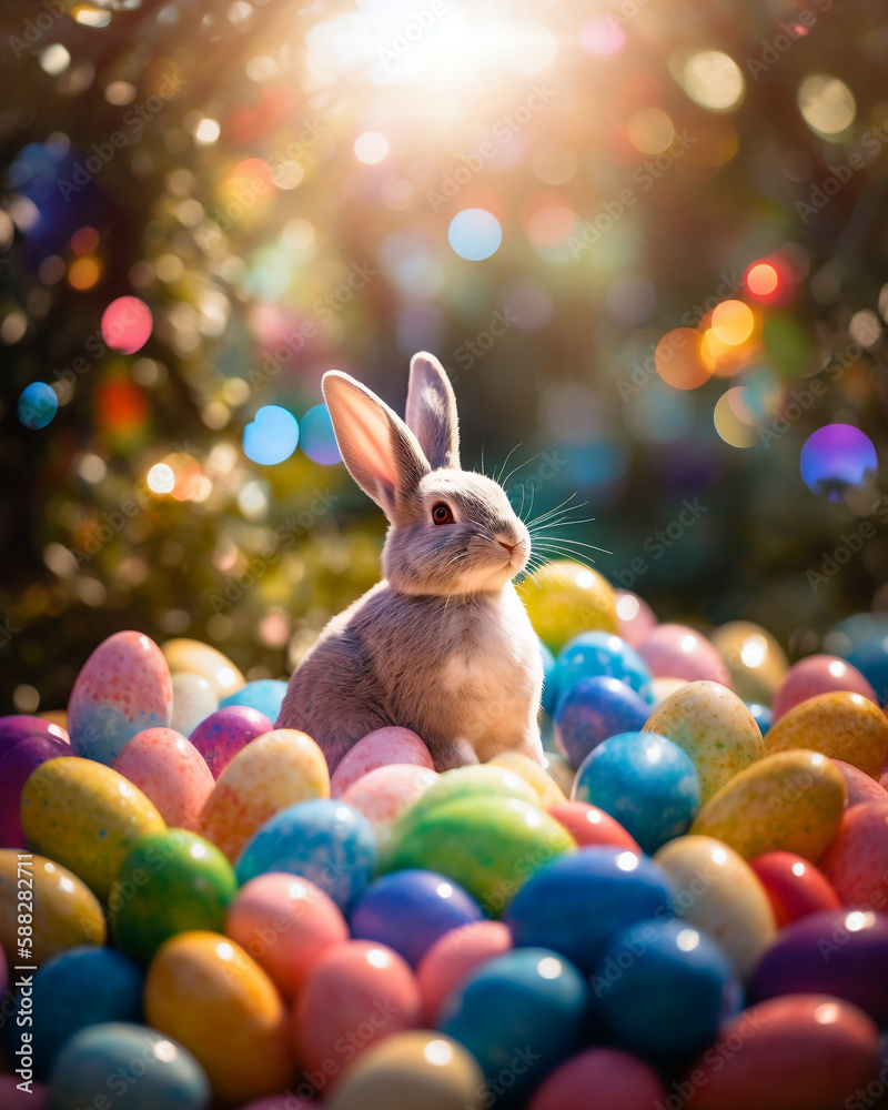 easter bunny and easter eggs, in a magical garden, generated by AI easter bunny and easter eggs, in a magical garden, generated by AI