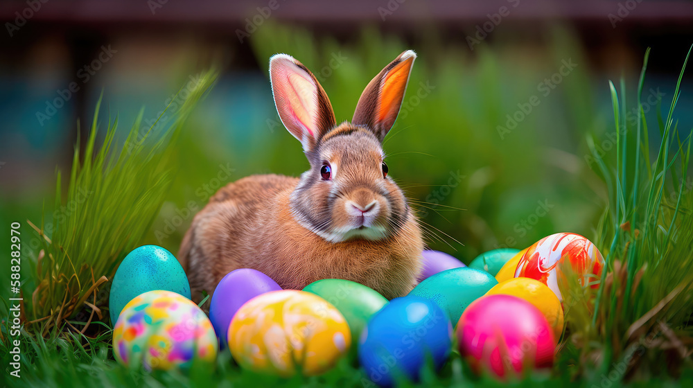 A realistic photograph of a Happy Easter Bunny sitting in a field of green grass, surrounded by colorful Easter eggs. Generative AI A realistic photograph of a Happy Easter Bunny sitting in a field of green grass, surrounded by colorful Easter eggs. Generative AI