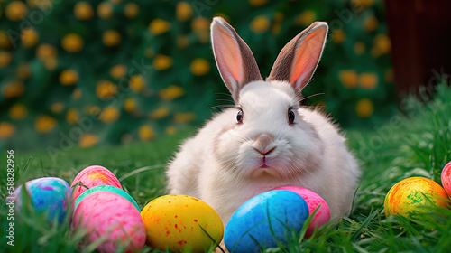 A realistic photograph of a Happy Easter Bunny sitting in a field of green grass, surrounded by colorful Easter eggs. Generative AI © Oleg