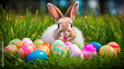 A realistic photograph of a Happy Easter Bunny sitting in a field of green grass, surrounded by colorful Easter eggs. Generative AI © Oleg