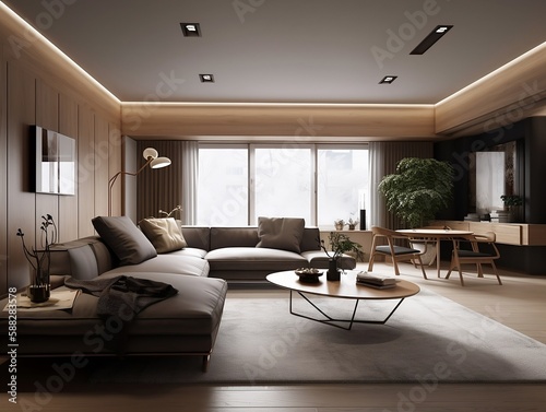 Interior design of modern apartment  living room with sofa and coffee tables 3d rendering  kayuso sejima style. Created  using generative AI.