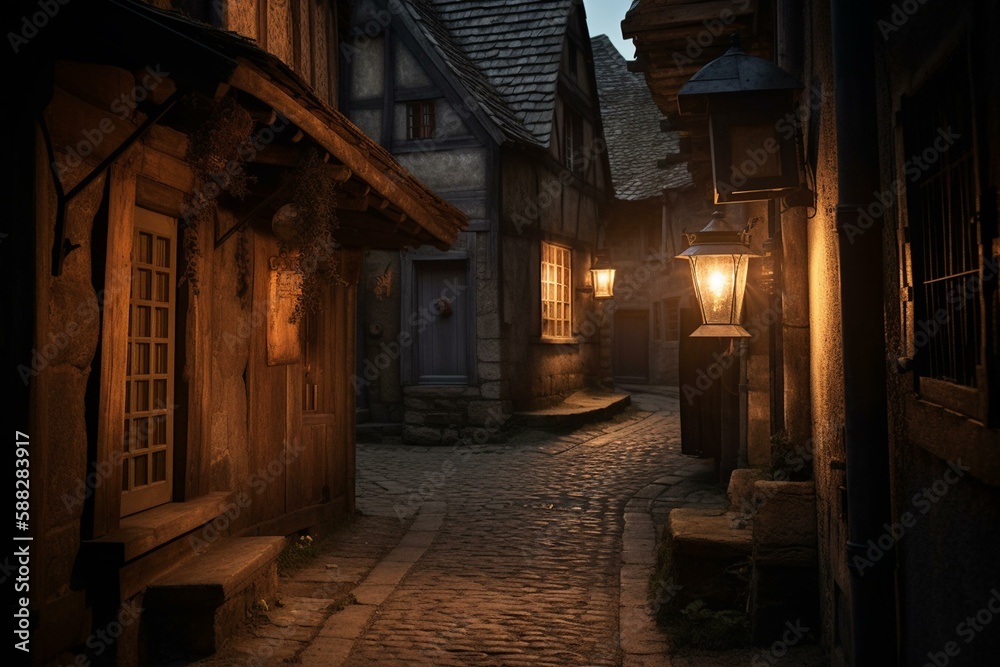 medieval houses dark streets and kerosene lamp Generative AI