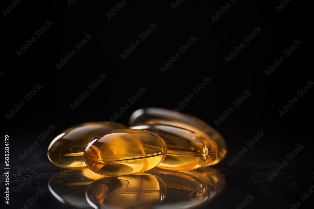 a couple of yellow pills sitting on top of a black table next to a black background with a reflection on the floor of the pills. generative ai a couple of yellow pills sitting on top of a black table next to a black background with a reflection on the floor of the pills. generative ai