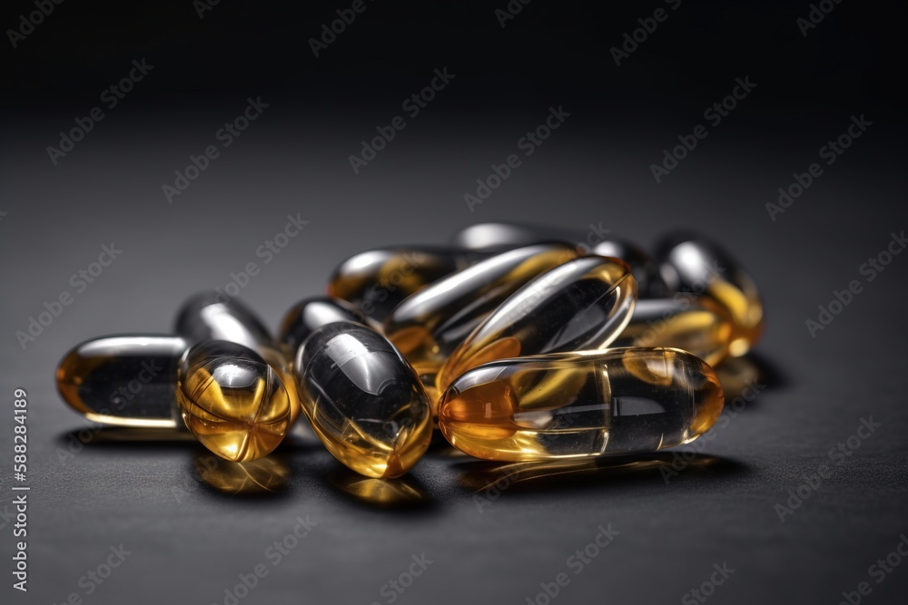 a pile of vitamin capsules sitting on top of a black table next to a bottle of vitamins on a black table top next to a bottle of vitamins. generative ai a pile of vitamin capsules sitting on top of a black table next to a bottle of vitamins on a black table top next to a bottle of vitamins. generative ai