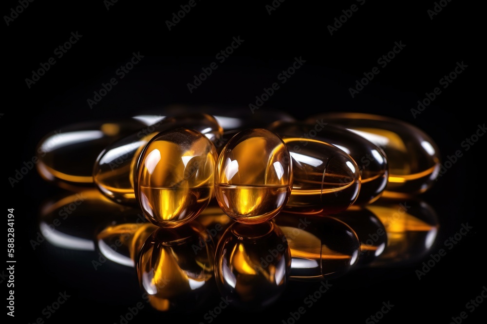 a group of vitamin capsules sitting on top of a black surface with a reflection of them on the surface of the image, with a black background. generative ai a group of vitamin capsules sitting on top of a black surface with a reflection of them on the surface of the image, with a black background. generative ai