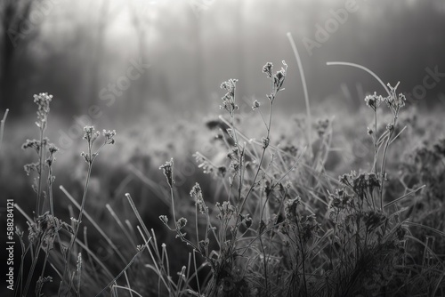  a black and white photo of a field with grass and flowers in the foreground and fog in the background  with trees in the background.  generative ai