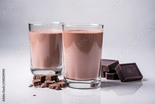  a couple of glasses of chocolate next to some pieces of chocolate on a white tablecloth with a white background and a few pieces of chocolate on the side. generative ai
