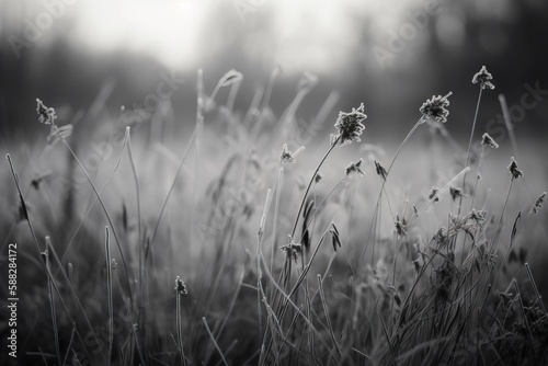 a black and white photo of a field of grass and flowers with the sun shining through the trees in the background and the grass in the foreground.  generative ai