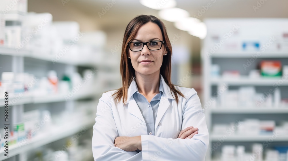 A fictional person. Knowledgeable pharmacist in a modern pharmacy store