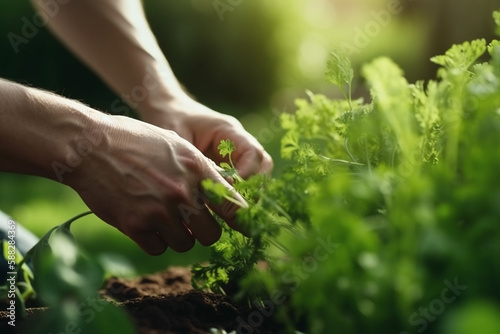 Gardener hands close up, hobby and leisure work at garden. Generative AI